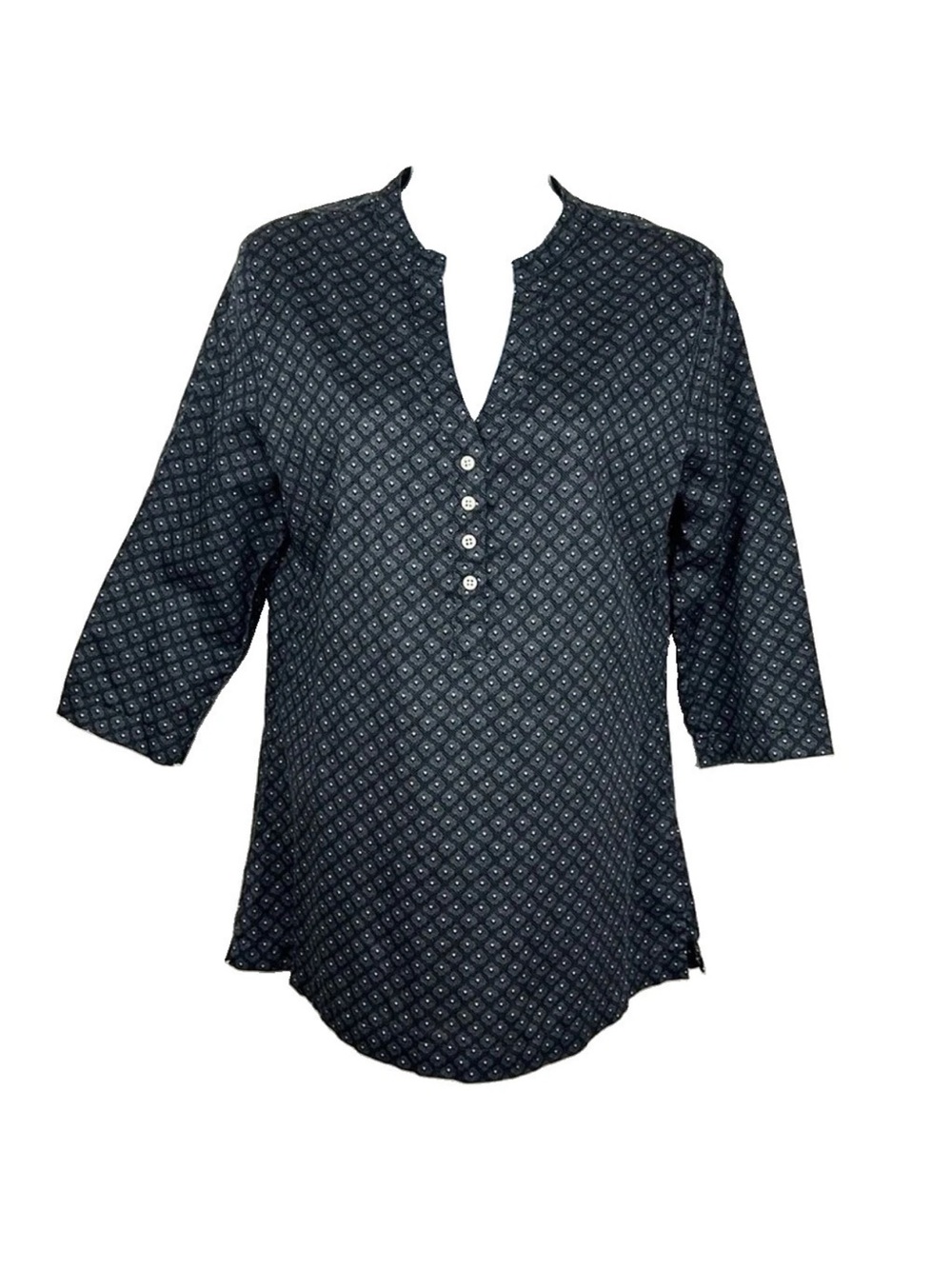 Peter Millar Womens M Tunic Blouse 100% Cotton Geometric Black White 3/4 Sleeve
